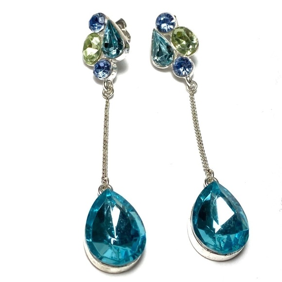Earrings Dangles Drops Blue Rhinestones Silver Tone Long - Picture 1 of 11